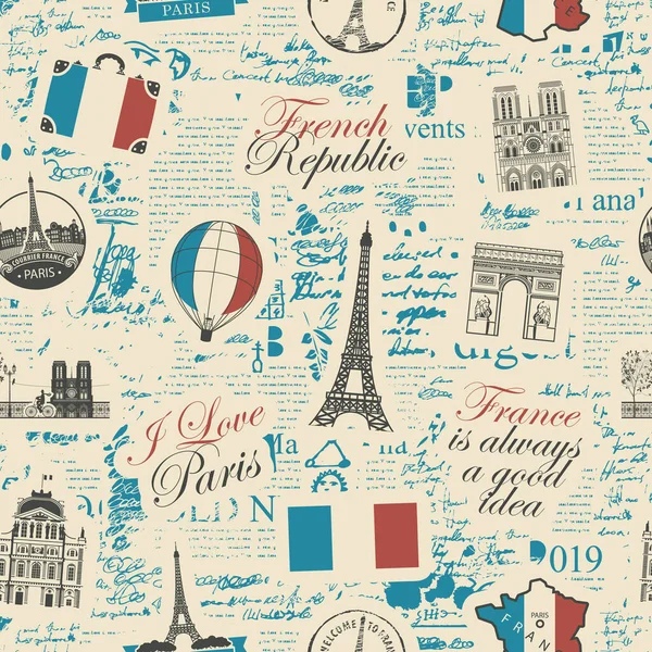 フランスとパリをテーマにしたベクトル抽象的なシームレスなパターンで フランスのシンボル 建築的ランドマーク レトロなスタイルの新聞ページの背景にフランスの旗の色の地図 — ストックベクタ