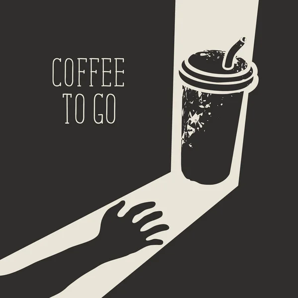 碑文コーヒーとコーヒーショップのテーマにベクトルバナーを移動します 使い捨てのコーヒーカップを奪うために人間の手で創造的なグラフィックイラスト — ストックベクタ