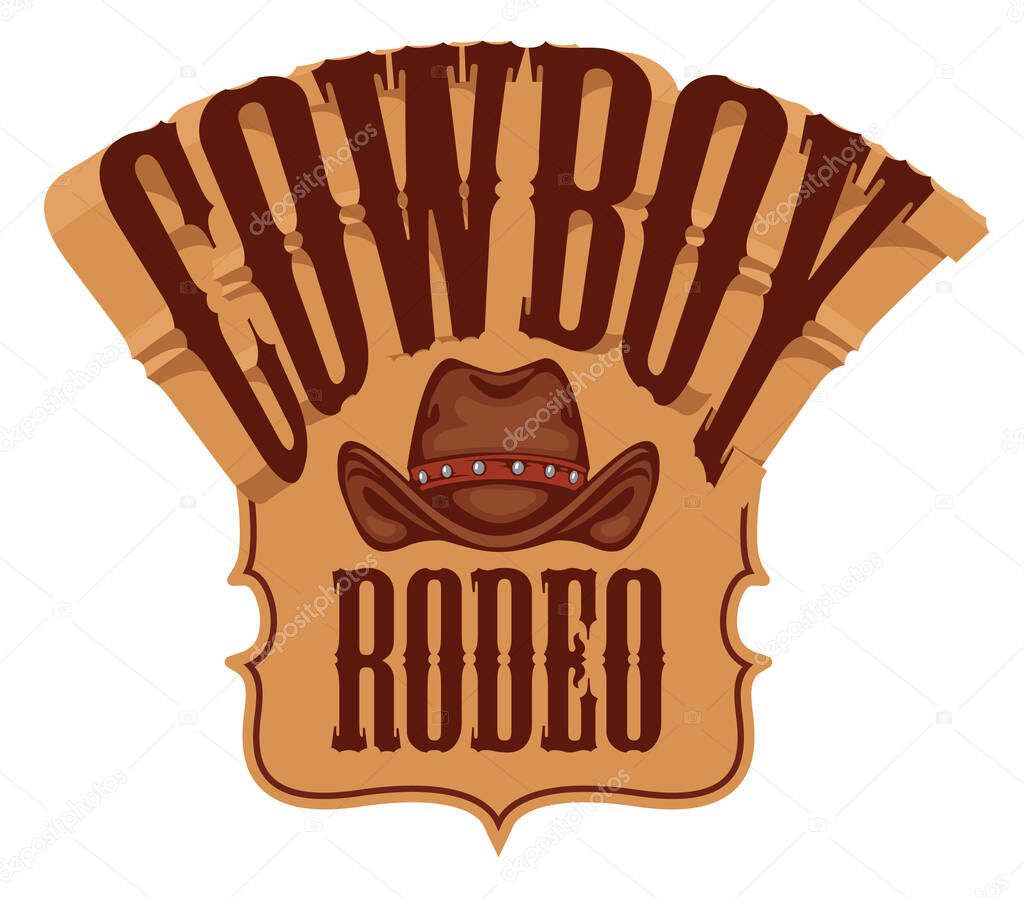 Vector emblem for a Cowboy Rodeo show in retro style. Decorative illustration with cowboy hat and lettering. Suitable for banner, label, logo, icon, badge, flyer, invitation, tattoo, t-shirt design
