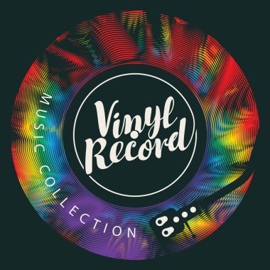 Canlı çok renkli vinil plaklı vektör müzik afişi, kayıt cihazı ve siyah arka planda kaligrafik harfler. Disko posteri, broşür, davetiye, kapak için uygun
