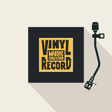 Vinil plak, plak çalar ve sözcükler için kare etiketli vektör müzik afişi, müzik koleksiyonu. Müzik posteri, el ilanı, davetiye, kapak, çıkartma için uygun.