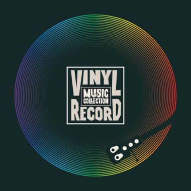 Vector müzik afişi, plak kaydı, plak çalar ve sözcük plağı, müzik koleksiyonu. Müzik afişi, el ilanı, davetiye, kapak için uygun. Siyah arkaplanda renkli LP ile illüstrasyon