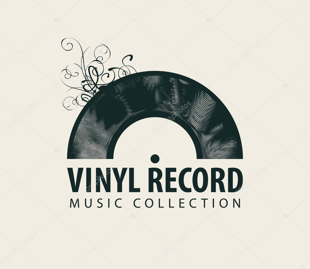 Vector music banner in retro style with black vinyl record and words Vinyl record, Music collection. Suitable for poster, placard, flyer, brochure, card, invitation, icon or logo