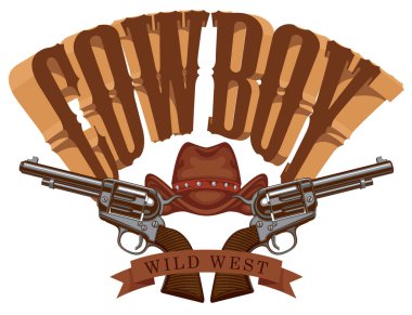 İki eski tabanca, kovboy şapkası ve harfli Kovboy amblemi. Vahşi Batı temalı bir pankart. Logo, etiket, el ilanı, imza, tişört tasarımı, dövme, tasarım unsurları için uygun