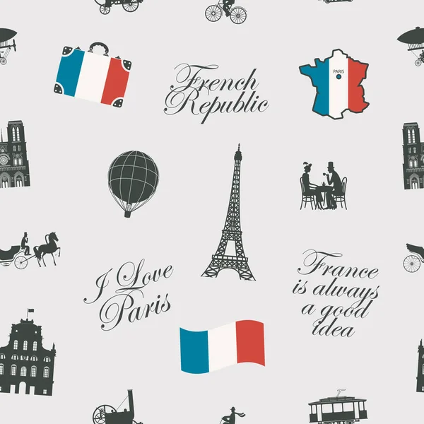 法国和巴黎主题上的矢量无缝图案 带有复古风格的法兰西共和国文字 旗帜和地图 适用于背景 包装纸 — 图库矢量图片