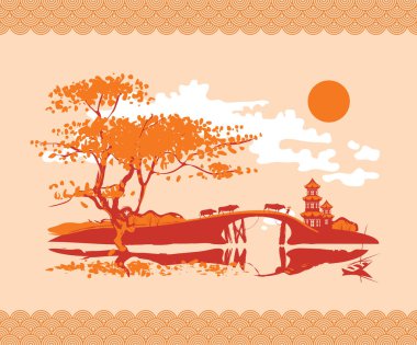 Japon ve Çin suluboya tarzında kahverengi ve turuncu renkli vektör pankartı. Pagoda, köprü ve inek sürüsüyle dekoratif bir manzara..