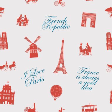 Fransa ve Paris temalı vektörsüz şablon mavi kaligrafik yazıtlar ve retro tarzı kırmızı çizimler. Arkaplan, duvar kağıdı, ambalaj kağıdı, kumaş için uygun
