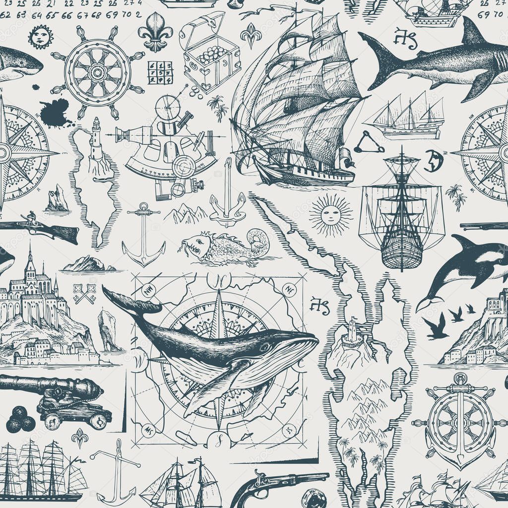 Vector abstract seamless pattern on the theme of travel, adventure and discovery. Vintage repeating background with hand-drawn sketches of sailboats, old maps, wind rose, anchors, fishes, cannons