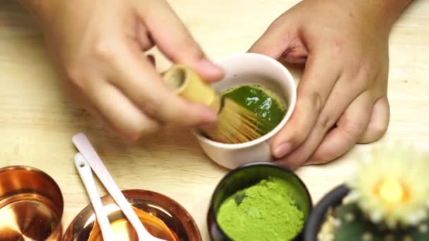 Matcha Verde Mostrar Los Pasos Para Preparar Verde — Vídeos de Stock