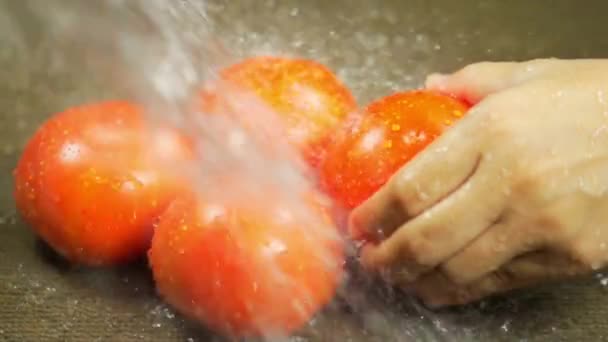 Wasserspritzer Auf Tomate Waschen Der Roten Tomaten Mit Hochgeschwindigkeitskamera — Stockvideo