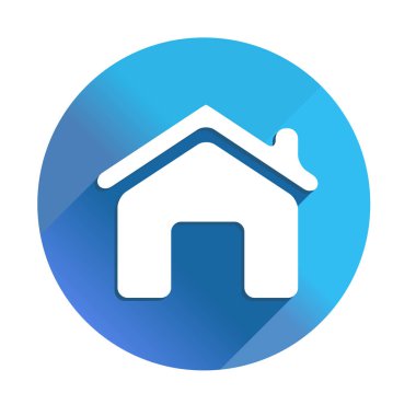 Ana sayfa - uzun vektör simge gölge. Stil mavi kare arka plan üzerinde yuvarlak açıları ile düz hafif bir semboldür.