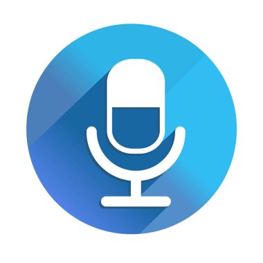 mikrofon uzun gölge vektör simgesi. Stil mavi kare arka plan üzerinde yuvarlak açıları ile düz hafif bir semboldür.