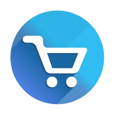 Alışveriş arabası - uzun gölge vektör simgesi. Biçim, mavi kare arkaplan üzerinde yuvarlak açılı düz ışık sembolüdür..