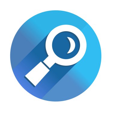 Büyütme cam ikonu - uzun gölge vektör ikonu. Biçim, mavi kare arkaplan üzerinde yuvarlak açılı düz ışık sembolüdür..