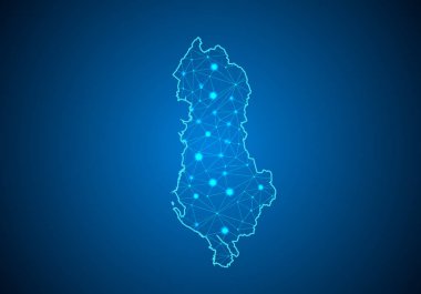 Soyut mash ölçekler Arnavutluk Haritası ile koyu arka plan üzerinde çizgi ve nokta. Tel çerçeve 3B Kafes çokgen ağ çizgisinin, tasarım Küre, nokta ve yapısı. Arnavutluk Haritası iletişim. Vektör çizim.