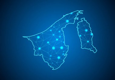 Soyut mash ölçekler Bruney Haritası ile koyu arka plan üzerinde çizgi ve nokta. Tel çerçeve 3B Kafes çokgen ağ çizgisinin, tasarım Küre, nokta ve yapısı. Bruney Haritası iletişim. Vektör çizim.