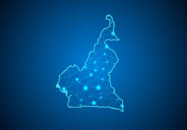 Kamerun Haritası ile koyu arka plan üzerinde soyut mash çizgi ve nokta ölçekler. Tel çerçeve 3B Kafes çokgen ağ çizgisinin, tasarım Küre, nokta ve yapısı. Kamerun Haritası iletişim. Vektör.