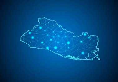 Soyut mash ölçekler koyu arka plan harita El Salvador ile üzerinde çizgi ve nokta. Tel çerçeve 3B Kafes çokgen ağ çizgisinin, tasarım Küre, nokta ve yapısı. El Salvador Haritası iletişim. Vektör.