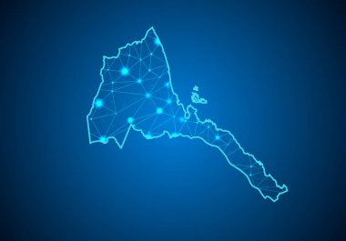 Soyut mash ölçekler Eritre harita ile koyu arka plan üzerinde çizgi ve nokta. Tel çerçeve 3B Kafes çokgen ağ çizgisinin, tasarım Küre, nokta ve yapısı. Eritre iletişim Haritası. Vektör.