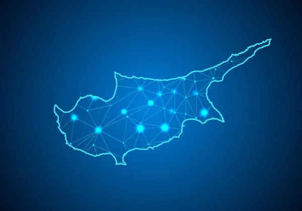 Soyut mash ölçekler Kıbrıs Haritası ile koyu arka plan üzerinde çizgi ve nokta. Tel çerçeve 3B Kafes çokgen ağ çizgisinin, tasarım Küre, nokta ve yapısı. Kıbrıs Haritası iletişim. Vektör.