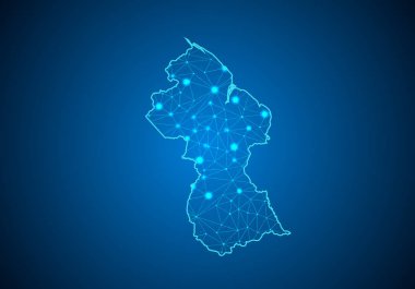 Guyana Haritası ile koyu arka plan üzerinde soyut mash çizgi ve nokta ölçekler. Tel çerçeve 3B Kafes çokgen ağ çizgisinin, tasarım Küre, nokta ve yapısı. guyana Haritası iletişim. Vektör.