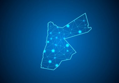 Soyut mash ölçekler Ürdün Haritası ile koyu arka plan üzerinde çizgi ve nokta. Tel çerçeve 3B Kafes çokgen ağ çizgisinin, tasarım Küre, nokta ve yapısı. iletişim Ürdün Haritası. Vektör.