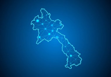 Laos Haritası ile koyu arka plan üzerinde soyut mash çizgi ve nokta ölçekler. Tel çerçeve 3B Kafes çokgen ağ çizgisinin, tasarım Küre, nokta ve yapısı. laos Haritası iletişim. Vektör.