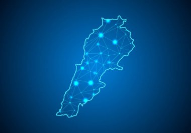 Soyut mash ölçekler Lübnan Haritası ile koyu arka plan üzerinde çizgi ve nokta. Tel çerçeve 3B Kafes çokgen ağ çizgisinin, tasarım Küre, nokta ve yapısı. iletişim Lübnan Haritası. Vektör.