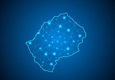 Lesoto Haritası ile koyu arka plan üzerinde soyut mash çizgi ve nokta ölçekler. Tel çerçeve 3B Kafes çokgen ağ çizgisinin, tasarım Küre, nokta ve yapısı. Lesoto Haritası iletişim. Vektör.