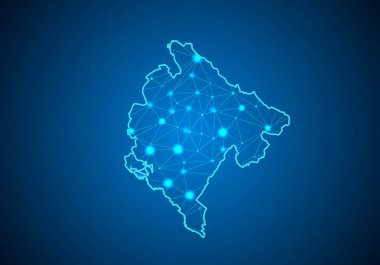 Soyut mash ölçekler Karadağ Haritası ile koyu arka plan üzerinde çizgi ve nokta. Tel çerçeve 3B Kafes çokgen ağ çizgisinin, tasarım Küre, nokta ve yapısı. Karadağ iletişim Haritası. Vektör.