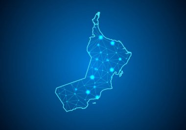 Umman Haritası ile koyu arka plan üzerinde soyut mash çizgi ve nokta ölçekler. Tel çerçeve 3B Kafes çokgen ağ çizgisinin, tasarım Küre, nokta ve yapısı. Umman Haritası iletişim. Vektör.