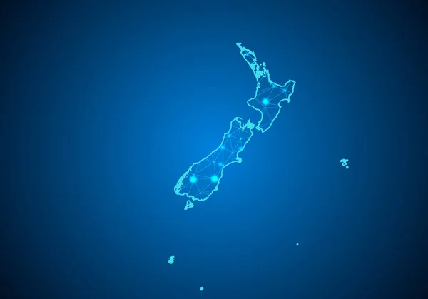 라인과 포인트 어두운 배경으로 뉴질랜드의 지도에 와이어 프레임 다각형 네트워크 — 스톡 벡터