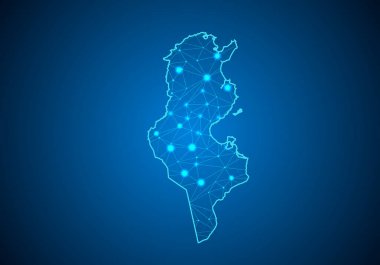 Tunus Haritası ile koyu arka plan üzerinde soyut mash çizgi ve nokta ölçekler. Tel çerçeve 3B Kafes çokgen ağ çizgisinin, tasarım Küre, nokta ve yapısı. Tunus Haritası iletişim. Vektör.