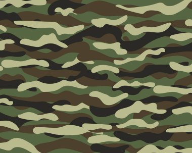 Kamuflaj desen arka plan. Klasik giyim tarzı camo tekrar Yazdır maskeleme. Yeşil Kahverengi Siyah Zeytin renkler orman dokusu. Tasarım öğesi. Vektör çizim.