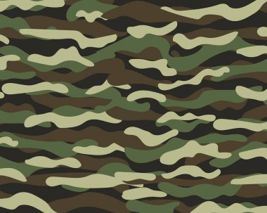 Kamuflaj desen arka plan. Klasik giyim tarzı camo tekrar Yazdır maskeleme. Yeşil Kahverengi Siyah Zeytin renkler orman dokusu. Tasarım öğesi. Vektör çizim.
