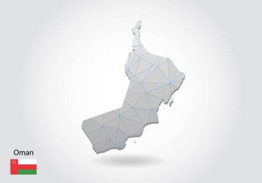 Çokgen Umman haritasını yönlendir. Düşük polimerli tasarım. Beyaz arkaplandaki üçgenlerden yapılmış bir harita. Geometrik buruşuk üçgen düşük poli stili grafikler, çizgi noktaları, Ui tasarımı.
