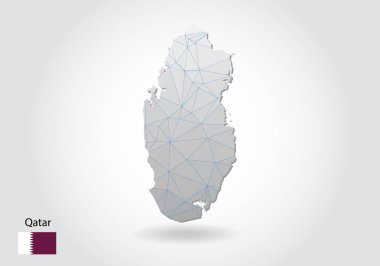 Çokgen Katar haritası. Düşük polimerli tasarım. Beyaz arkaplandaki üçgenlerden yapılmış bir harita. Geometrik buruşuk üçgen düşük poli stili grafikler, çizgi noktaları, Ui tasarımı.