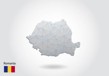 Çokgen Romanya haritasını yönlendir. Düşük polimerli tasarım. Beyaz arkaplandaki üçgenlerden yapılmış bir harita. Geometrik buruşuk üçgen düşük poli stili grafikler, çizgi noktaları, Ui tasarımı.