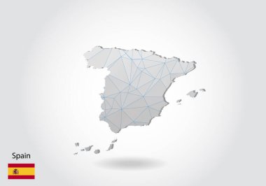 Çokgen İspanya haritası. Düşük polimerli tasarım. Beyaz arkaplandaki üçgenlerden yapılmış bir harita. Geometrik buruşuk üçgen düşük poli stili grafikler, çizgi noktaları, Ui tasarımı.