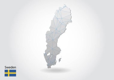 Çokgen İsveç haritası. Düşük polimerli tasarım. Beyaz arkaplandaki üçgenlerden yapılmış bir harita. Geometrik buruşuk üçgen düşük poli stili grafikler, çizgi noktaları, Ui tasarımı.