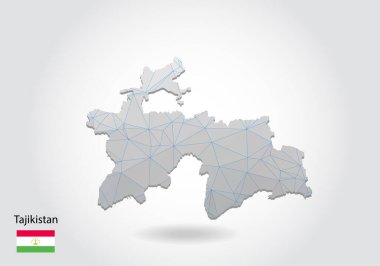 Çokgen Tacikistan haritası. Düşük polimerli tasarım. Beyaz arkaplandaki üçgenlerden yapılmış bir harita. Geometrik buruşuk üçgen düşük poli stili grafikler, çizgi noktaları, UI tasarımı.