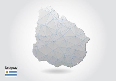 Çokgen Uruguay haritası. Düşük polimerli tasarım. Beyaz arkaplandaki üçgenlerden yapılmış bir harita. Geometrik buruşuk üçgen düşük poli stili grafikler, çizgi noktaları, UI tasarımı.