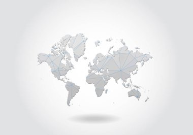 Çokgen dünya haritasını yönlendir. Düşük polimerli tasarım. Beyaz arkaplandaki üçgenlerden yapılmış bir harita. Geometrik buruşuk üçgen düşük poli stili grafikler, çizgi noktaları, UI tasarımı.