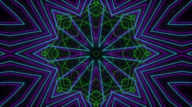 Çok renkli neon grafikli soyut kaleydoskop. Siyah arkaplan üzerinde geometrik desen taşınıyor