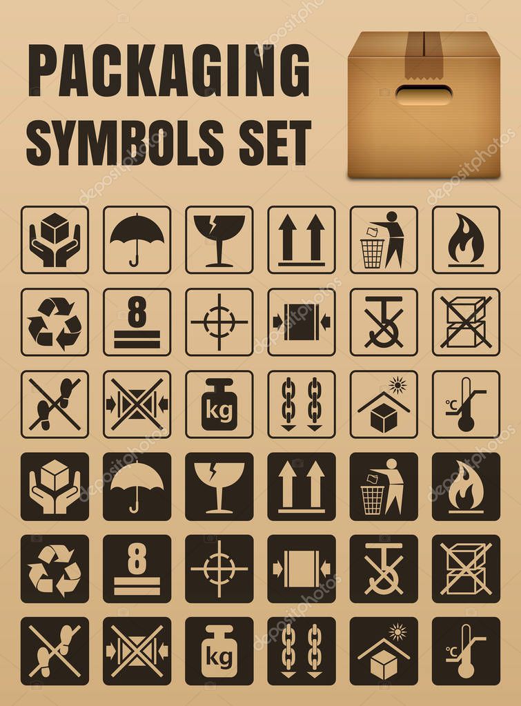 Packaging Symbols Set Including Fragile Handle With Care Keep Dry This Side Up Flammable Recycled Package Weight Do Not Litter Max Stack Clamp And Sling Here Protect From Heat And Others Packaging Symbols Set Including Fragile Handle With Care Keep Dry This Side Up Flammable Recycled Package Weight Do Not Litter Max Stack Clamp And Sling Here Protect From Heat And Others
