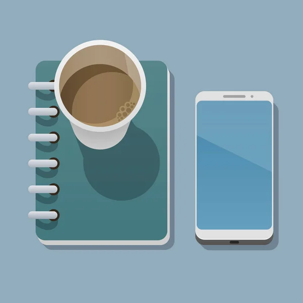 Cangkir kopi dengan notepad dan smartphone - Stok Vektor