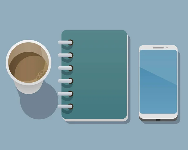 Tasse de café avec bloc-notes et smartphone — Image vectorielle