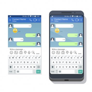 Sosyal ağ veya messenger uygulama şablonu için hareket eden aygıt ekrandaki sanal klavye ile smartphone. Sohbet veya sms app arabirimi kavramı.