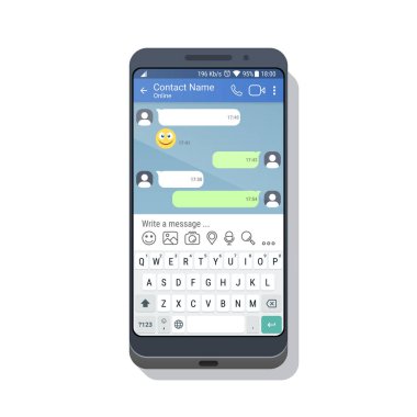 Sosyal ağ veya messenger uygulama şablonu için hareket eden aygıt sanal klavye ile smartphone. Sohbet veya sms app arabirimi kavramı. Vektör çizim