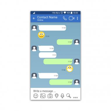 Sosyal ağ veya messenger uygulama şablonu için hareket eden aygıt. Sohbet veya sms app arabirimi kavramı. 